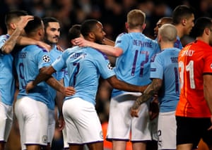 City celebrate during their 1-1 Big Cup draw with Shakhtar Donetsk, enough to send them through as group winners.