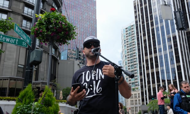 Joey Gibson, wearing his John 3:16 shirt. ‘Gun-free zones disgust me because we’re not protecting the kids on the campus. People look at it backwards.’