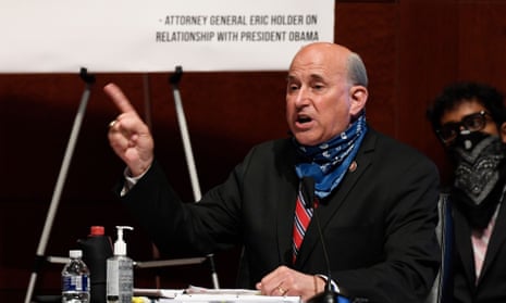 Louie Gohmert bangs his desk during the opening statement of former deputy attorney general Donald Ayer at a hearing into the politicisation of the Department of Justice under William Barr