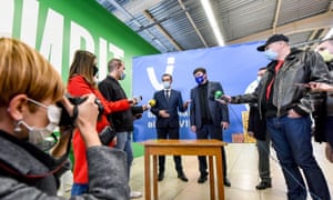 Head of the Zaporizhzhia RSA Oleksandr Starukh and minister of health of Ukraine Viktor Lyashko (R to L) are pictured during the briefing on the opening another Covid-19 mass vaccination point at one of the city shopping malls in Zaporizhzhia.