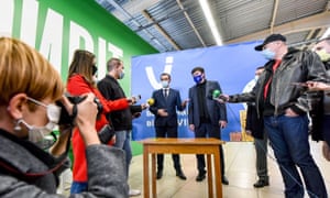 Head of the Zaporizhzhia RSA Oleksandr Starukh and curate of wellness of Ukraine Viktor Lyashko (R to L) are pictured during the briefing connected the opening different Covid-19 wide vaccination constituent astatine 1 of the metropolis buying malls successful Zaporizhzhia.