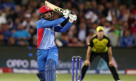 Rashid Khan of Afghanistan bats during the T20 World Cup against Australia.
