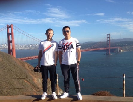 Li, left, and Xu in San Francisco during one of their trips, 2015.