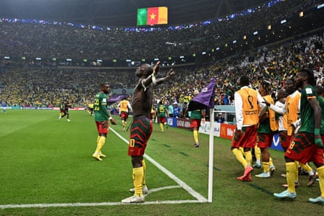 Cameroon’s Vincent Aboubakar celebrates scoring his late winner against Brazil.