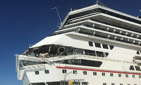 The damage to Carnival Glory after a collision with another cruise ship in Cozumel<br>The damage to Carnival Glory is seen after a collision with another cruise ship at Cozumel cruise port, Mexico December 20, 2019 in this image obtained from social media. Jordan Moseley via REUTERS THIS IMAGE HAS BEEN SUPPLIED BY A THIRD PARTY. MANDATORY CREDIT: JORDAN MOSELEY. NO RESALES. NO ARCHIVES. - RC25ZD90842T