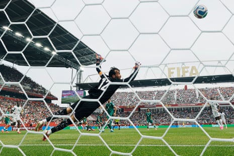 Iraq keeper Jalal Hassan has no chance as Pape Gueye’s shot flies past him and into the net for Senegal’s third goal.