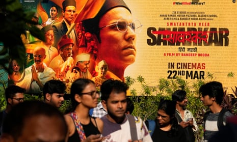 A poster for the film Swatantra Veer Savarkar outside a cinema in Mumbai