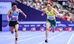 Australia’s James Turner stretches to claim a gold medal and equal a 100m world record at Stade de France during the 2024 Paris Paralympic Games