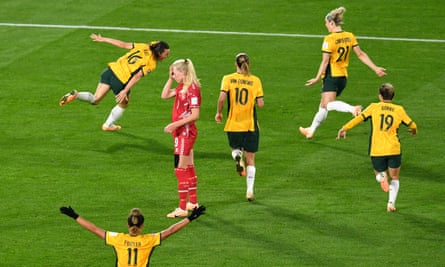 Hayley Raso celebrates scoring a goal during the Fifa Women’s World Cup 2023 Round of 16 soccer match between Australia and Denmark in Sydney.