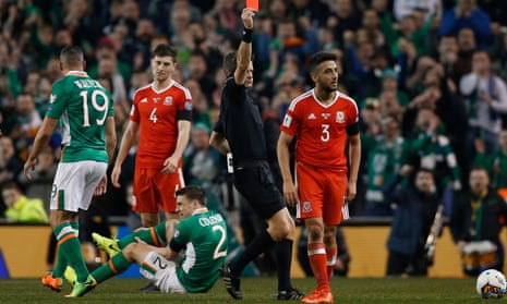 Wales’ Neil Taylor is sent off in Dublin for his tackle on Séamus Coleman.