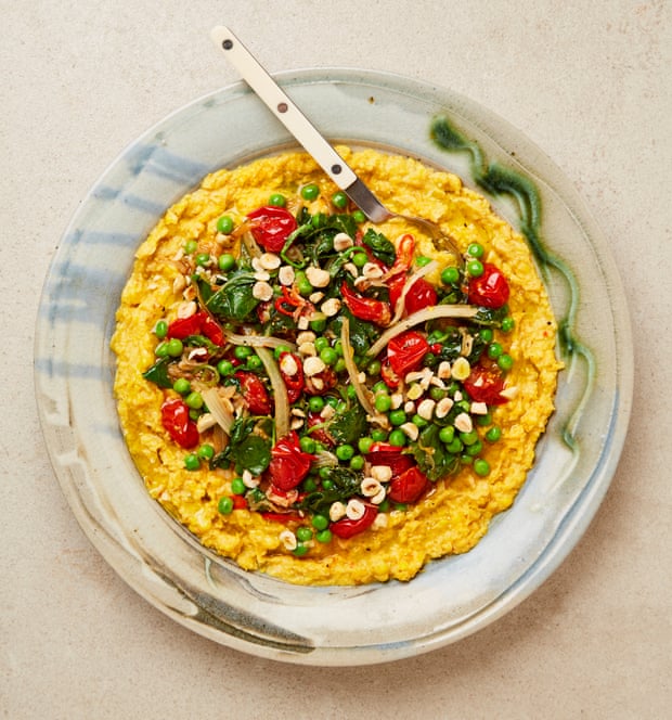 Meera Sodha's fresh sweetcorn polenta with greens and hazelnuts.