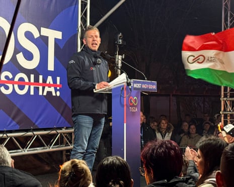 Hungarian opposition leader Péter Magyar addresses people during an election rally in Kiskunhalas, Hungary.