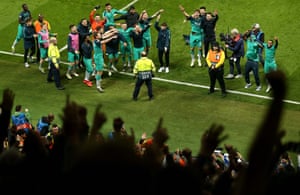 Jubilant scenes in the away end as Spurs celebrate after the game.