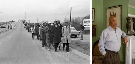 Left: A long line of marchers, led by John Lewis, right, and the Rev Hosea Williams, cross the Alabama river in Selma. Right: Charles Mauldin, now 73, took part in the Selma march.