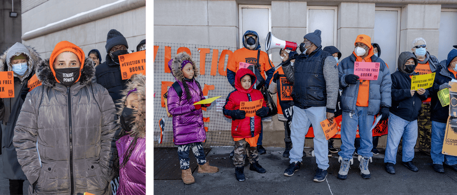 Left: A woman in an orange beanie and brown jacket wears a mask that says “tenant rights”; Right: A man, surrounded by a group of protestors, speaks into a loud speaker. 
