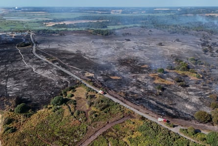 Aerial view of scorched and smoking land