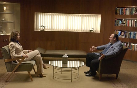 The doctor will fear you now … Gandolfini with Lorraine Bracco as therapist Dr Jennifer Melfi.