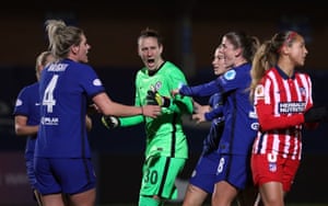 Chelsea keeper Ann-Katrin Berger celebrates with team mates after saving the penalty of Atletico’s Deyna Castellanos.
