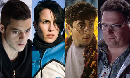 screen hackers (from left) Elliot Anderson in Mr Robot, Lisbeth Salander in The Girl With the Dragon Tattoo, Boris Grishenko in Goldeneye and Dennis Nedry in Jurassic Park