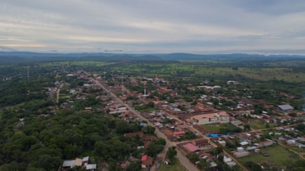An aerial view of a small town in a rural setting
