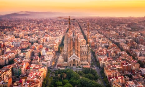 Aerial shot of the Sagrada Familia in Barcelona, Spain.