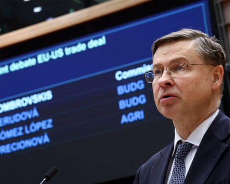 European Commissioner for Economy and Productivity Valdis Dombrovskis speaks, on the day of the joint debate on the EU-US trade deal at the European Parliament in Brussels, Belgium.