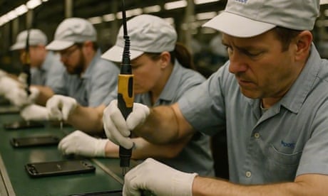 Screenshot of an AI-generated video showing tired-looking Americans making mobile phones