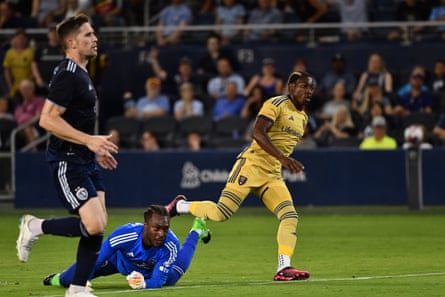 Anderson Julio wheels away in celebration after slotting the ball home for Real Salt Lake’s second goal which gave them a point at Sporting Kansas City on July 12, 2023.