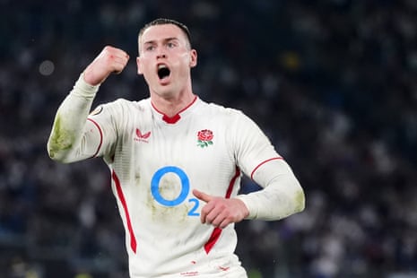 Tom Roebuck celebrates scoring England’s second try.