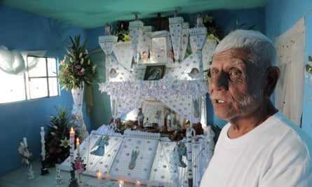 Huaquechula. altar and old man, Mexico