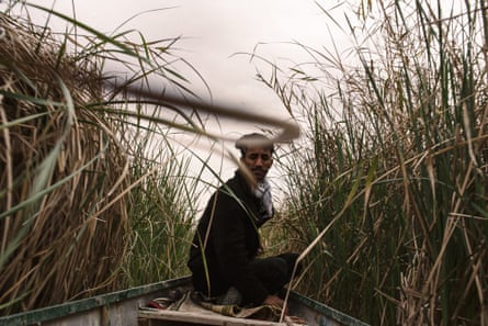 A man wearing a keffiyeh steers a small boat through tall reeds