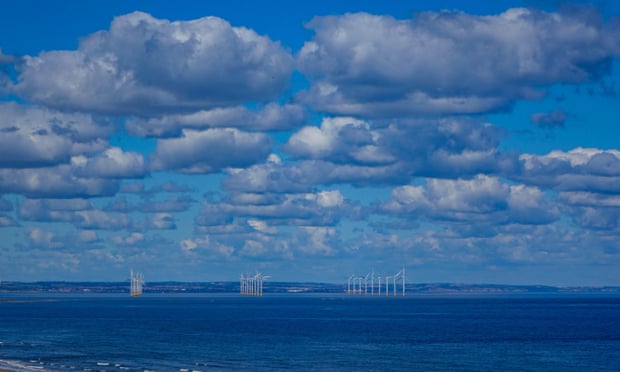 Teesside Wind Farm off the North Yorkshire coast with blue skies