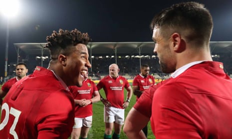 Lions’ Anthony Watson leads the celebrations with Conor Murray in Christchurch. 