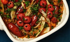 Chorizo and fennel bake with giant couscous and cherry tomatoes