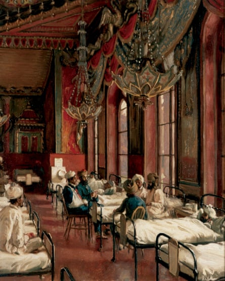 An oil painting by Charles Henry Harrison Burleigh shows wounded Indian soldiers in the music room of Brighton Pavilion, 1915.