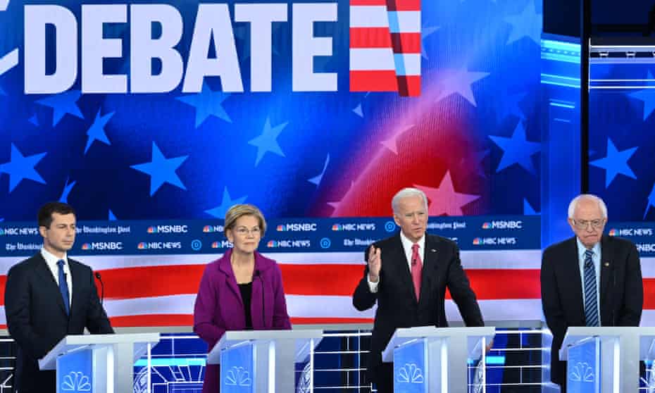 Pete Buttigieg, Elizabeth Warren, Joe Biden and Bernie Sanders at the last debate, in November.