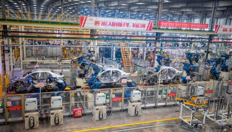 Robots assemble cars in the BYD electric car factory in Xi'an, Shaanxi province, China