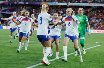 Anna Moorhouse runs to observe pinch her teammates aft England hit Spain successful nan Euro 2025 final.