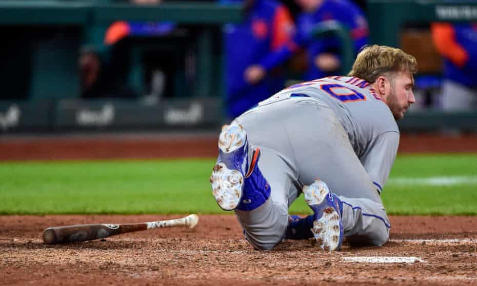 Pete Alonso after being struck on the helmet by an errant pitch against the Cardinals