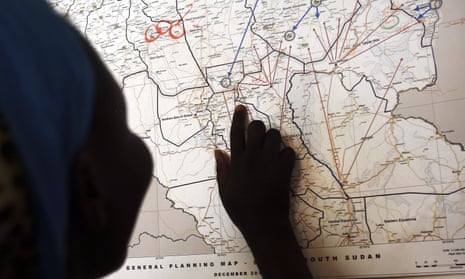 A South Sudanese survivor of sexual violence points out where she used to live in Unity state.