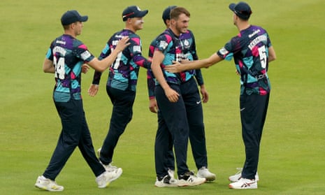 Toby Greatwood of Middlesex celebrates taking the wicket of Feroze Khushi during Middlesex vs Essex Eagles in the 2022 Vitality Blast
