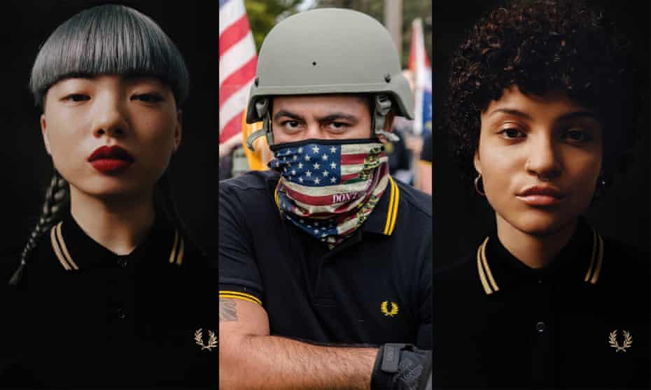 Fred Perry shirts worn by models on left and right, and worn by a so-called Proud Boy, centre