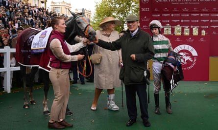 Luke Morris, Sir Mark Prescott, Alpinista’s owner Kirsten Rausing and stable girl Annabelle Willis in the winner’s enclosure after the Prix de l’Arc de Triomphe