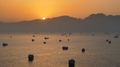 A drone view shows vessels anchored at the strait of Hormuz on Sunday.