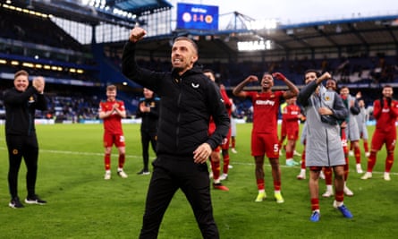 Gary O’Neil and Mario Lemina (No 5) at the heart of Wolves celebrations after last weekend’s win at Chelsea.