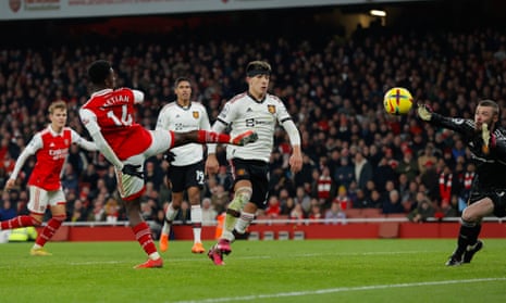Arsenal's Eddie Nketiah scores his third goal.