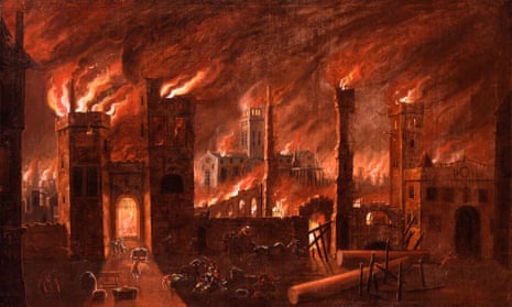 Oil painting of the Great Fire of London, seen from Ludgate, in the Fire! Fire! exhibition at the Museum of London.