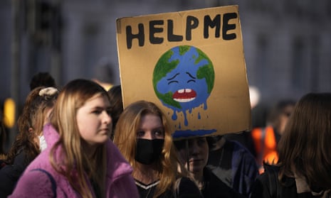 Young climate campaigners take part in a UK Student Climate Network protest in  London in November, 2021.