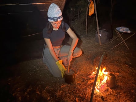 Preparing a hearty meal of kangaroo stew.