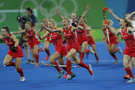 Alex Danson (centre) and her Great Britain teammtes celebrate after Hollie Webb scores the winning goal in the shootout in the 2016 Rio Olympics hockey final which secured Great Britain’s first women’s hockey gold medal.